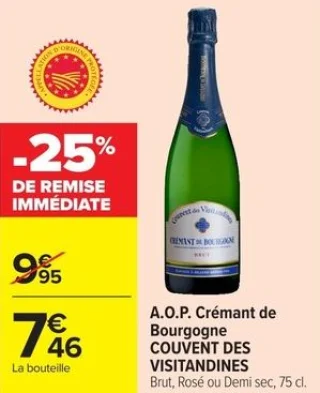 A.O.P. Crémant de Bourgogne COUVENT DES VISITANDINES Brut, Rosé ou Demi sec, 75 cl.