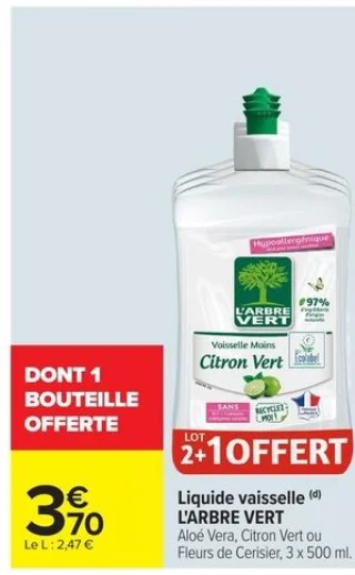 Liquide vaisselle L'ARBRE VERT Aloé Vera, Citron Vert ou Fleurs de Cerisier, 3 x 500 ml.
