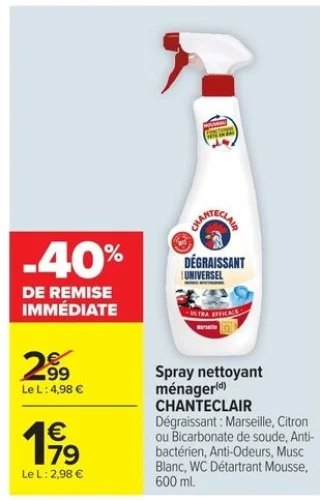 Spray nettoyant ménager CHANTECLAIR Dégraissant : Marseille, Citron ou Bicarbonate de soude, Anti-bactérien, Anti-Odeurs, Musc Blanc, WC Détartrant Mousse, 600 ml.
