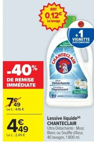 Lessive liquide CHANTECLAIR Ultra Détachante : Musc Blanc ou Souffle d'Azur, 40 lavages, 1 800 ml.