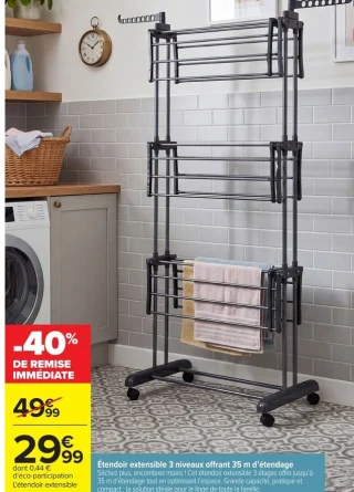Étendoir extensible 3 niveaux offrant 35 m d'étendage