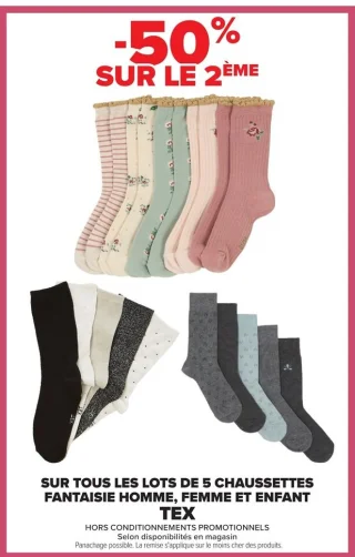 Lots de 5 chaussettes fantaisie homme, femme et enfant Tex