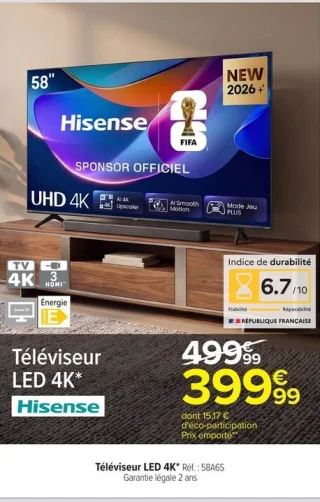 Téléviseur LED 4K Hisense Réf. : 58A6S