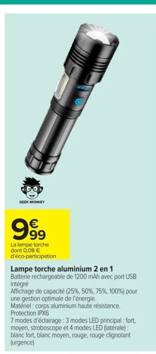 Lampe torche aluminium 2 en 1 Geek Monkey