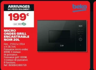Micro Ondes Grill Encastrable Noir 20L Beko