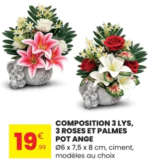Composition 3 lys, 3 roses et palmes pot ange