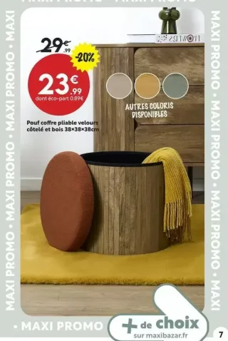 Pouf coffre pliable velours côtelé et bois 38×38×38cm