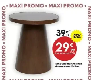 Table café Hercyna bois plateau verre Ø45cm