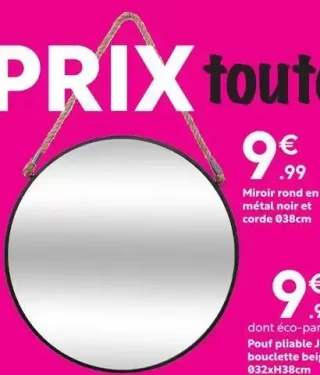 Miroir rond en métal noir et corde Ø38cm