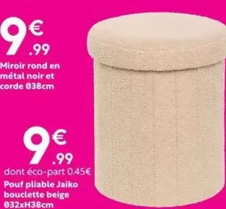 Pouf pliable Jaiko bouclette beige Ø32xH38cm
