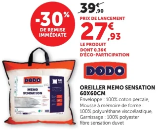 OREILLER MEMO SENSATION 60X60CM