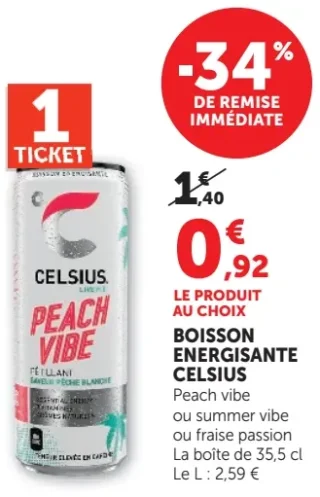 Boisson énergisante Celsius Peach vibe ou summer vibe ou fraise passion