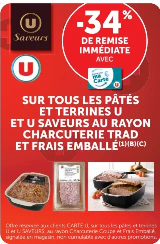 Pâtés et terrines U et U Saveurs au rayon charcuterie trad et frais emballé