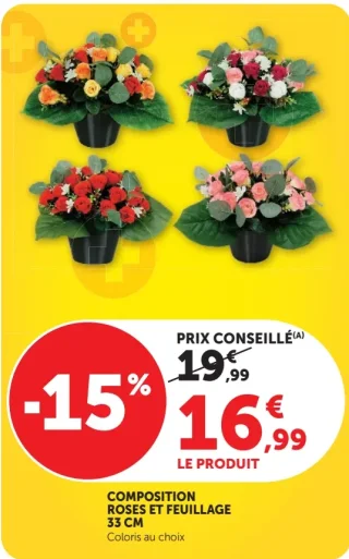 COMPOSITION ROSES ET FEUILLAGE 33 CM
