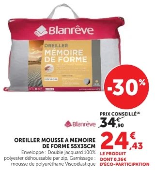 Oreiller mousse a memoire de forme 55x35cm Blanrêve