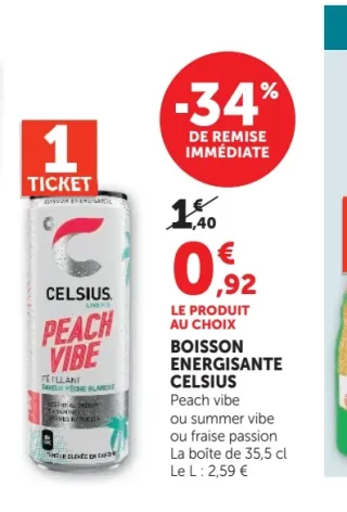 Celsius Peach Vibe ou Summer Vibe ou Fraise Passion Boisson Énergisante