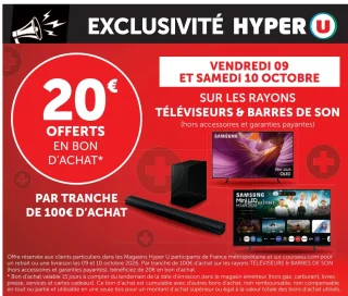 20€ offerts en bon d'achat par tranche de 100€ d'achat sur les rayons Téléviseurs & Barres de son Samsung