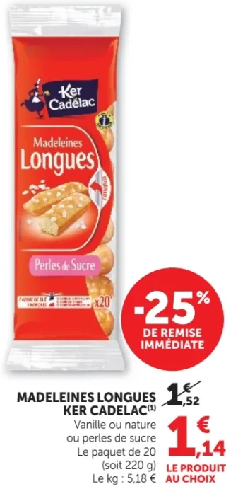 Madeleines Longues Ker Cadelac Vanille ou nature ou perles de sucre