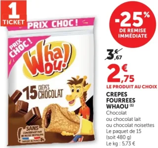 Crepes Fourrees Whaou! Chocolat ou chocolat lait ou chocolat noisettes