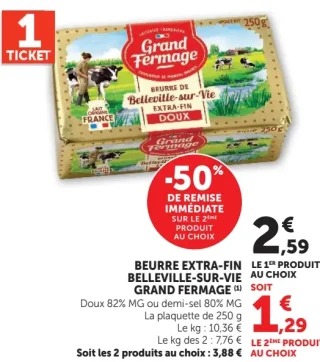 BEURRE EXTRA-FIN BELLEVILLE-SUR-VIE GRAND FERMAGE Doux 82% MG ou demi-sel 80% MG