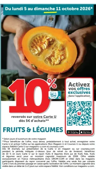 10% reversés sur votre Carte U - Fruits & Légumes