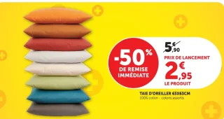 Taie d'oreiller 63x63cm 100% coton - coloris assortis