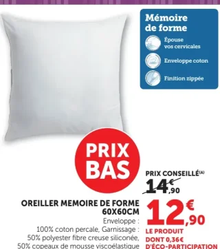 Oreiller Mémoire de Forme 60x60cm U Maison