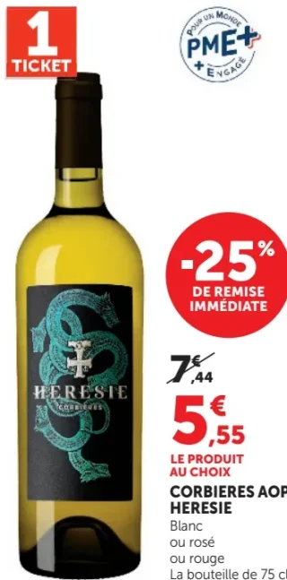 Corbières AOP Heresie Blanc ou rosé ou rouge