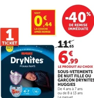 SOUS-VETEMENTS DE NUIT FILLE OU GARCON DRYNITES HUGGIES