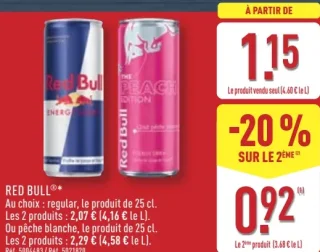 Boisson énergisante Red Bull regular ou pêche blanche