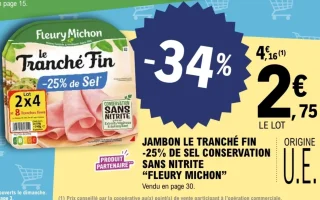 Jambon Le Tranché Fin -25% de Sel Conservation Sans Nitrite Fleury Michon