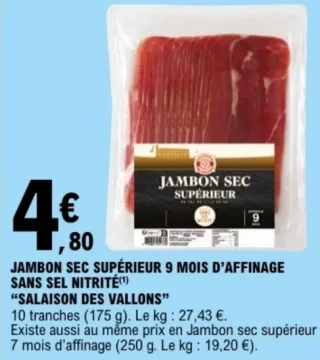 Jambon Sec Supérieur 9 Mois d'Affinage Sans Sel Nitrité Salaison des Vallons