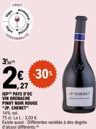 IGP Pays d'Oc Vin Grenache Pinot Noir Rouge "JP. Chenet"