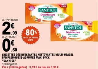 Lingettes désinfectantes nettoyantes multi-usages Pamplemousse-Agrumes Maxi Pack "Sanytol"