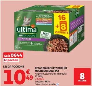 Repas pour chat stérilisé Multigouts Ultima Fit & Delicious (16 X 85 G + 8 offerts)