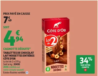 Tablettes de chocolat lait noisettes entières Côte d'Or