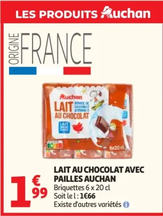 Lait au chocolat avec pailles Auchan