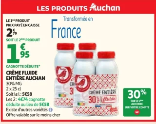 Crème fluide entière Auchan 30% MG