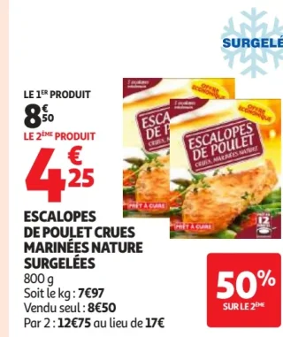 Escalopes de poulet crues marinées nature surgelées