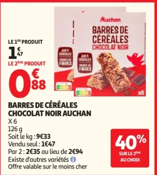 Barres de céréales Chocolat Noir Auchan