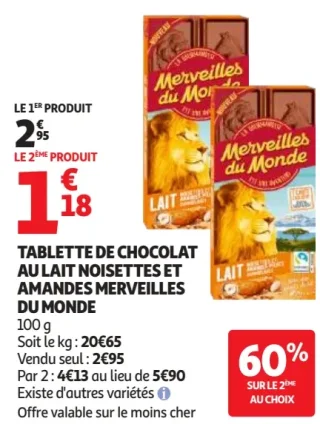 TABLETTE DE CHOCOLAT AU LAIT NOISETTES ET AMANDES MERVEILLES DU MONDE