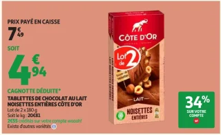 TABLETTES DE CHOCOLAT AU LAIT NOISETTES ENTIÈRES CÔTE D'OR