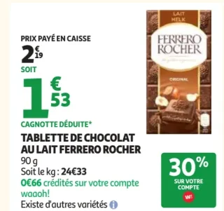 Tablette de Chocolat au Lait Ferrero Rocher