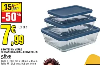 3 Boîtes en verre rectangulaires + couvercles 5five