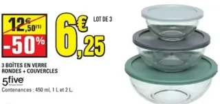 3 Boîtes en verre rondes + couvercles 5five