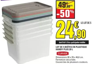 Lot de 5 boîtes en plastique Handy Plus 20 L Curver