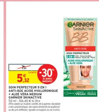 SOIN PERFECTEUR 5 EN 1 ANTI-ÂGE ACIDE HYALURONIQUE + ALOÉ VÉRA MEDIUM GARNIER SKINACTIVE