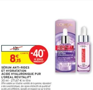 SÉRUM ANTI-RIDES ET HYDRATATION ACIDE HYALURONIQUE PUR L'OREAL REVITALIFT