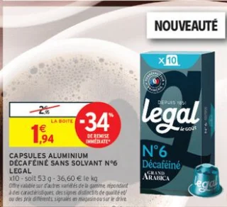 CAPSULES ALUMINIUM DÉCAFÉINÉ SANS SOLVANT N°6 LEGAL