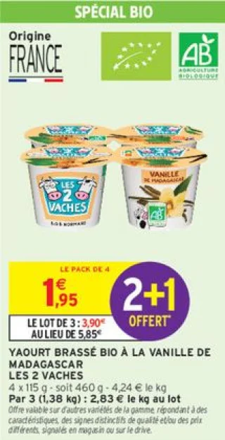 Yaourt brassé Bio à la vanille de Madagascar Les 2 Vaches